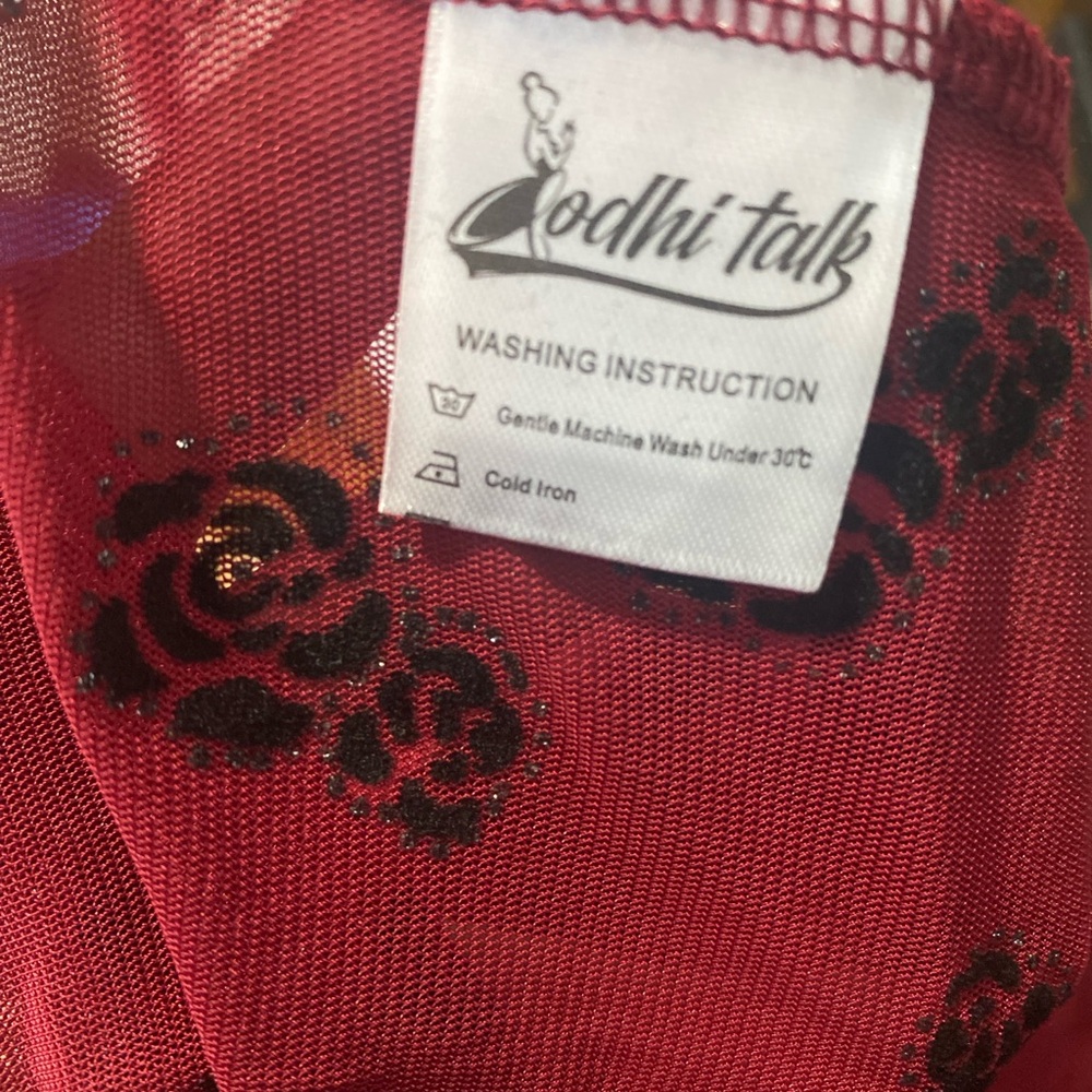 Dark Red Sheer Mesh Blck Floral Rhinestone Long Sleeve Top Y2K Vintage Small - Picture 5 of 7